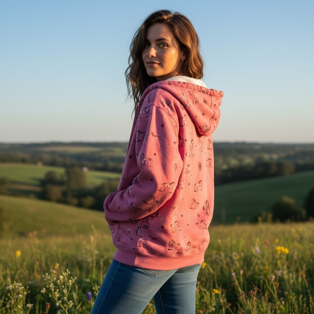 Blue Mountain Sherpa Fleece Full Zip Hoodie Jacket Western Geometric Horse Print